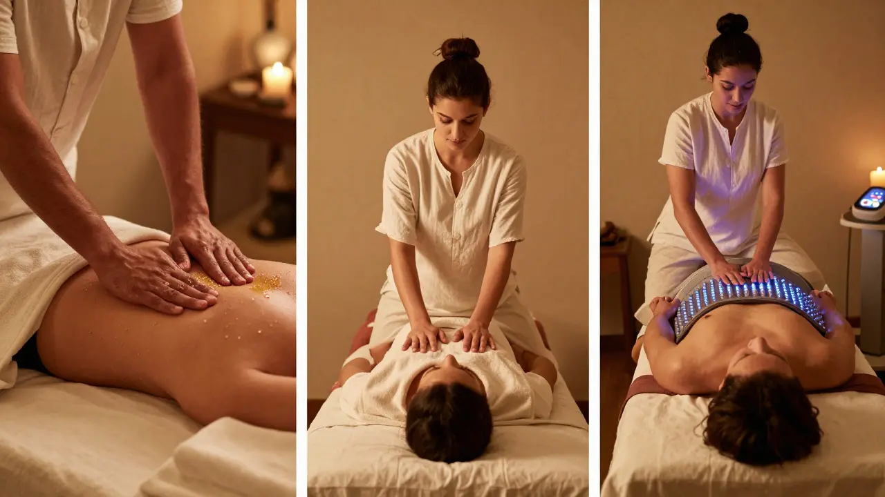 Three massage styles — oil ritual, Thai stretch, and tech-assisted therapy — shown together in one harmonious scene.
