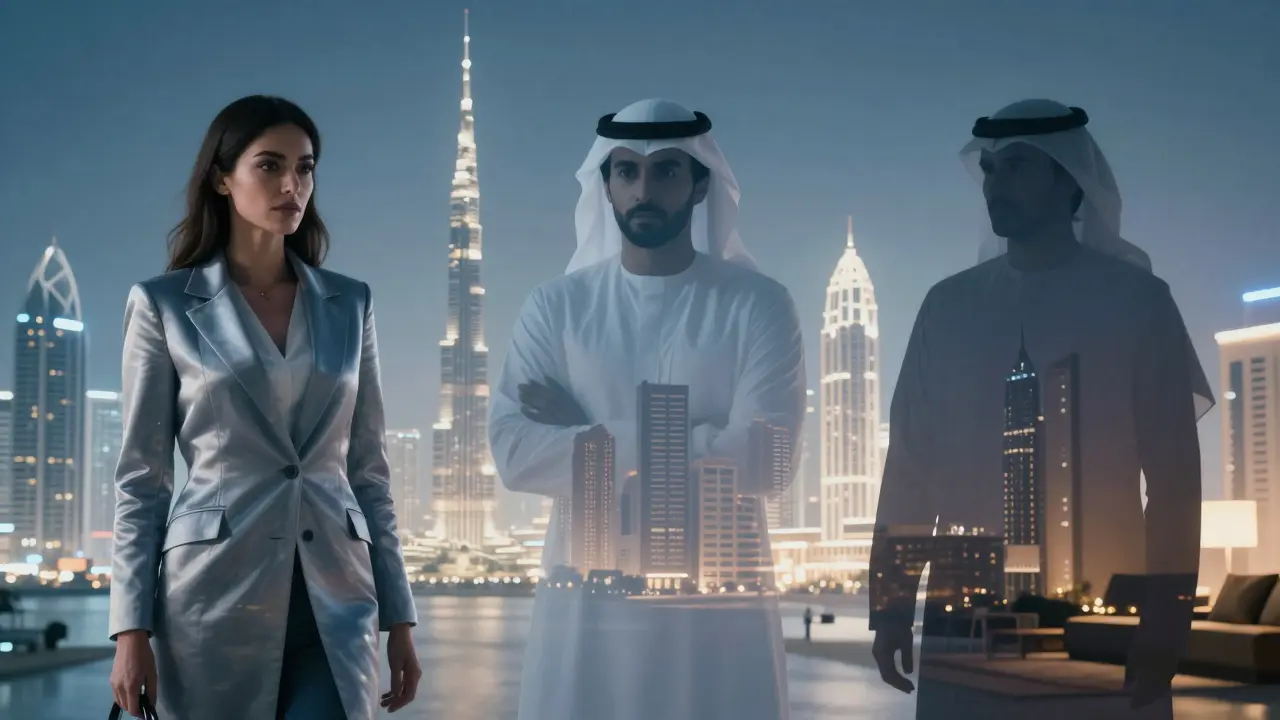 Three translucent figures symbolizing different types of companions in Dubai, fading into the city skyline.
