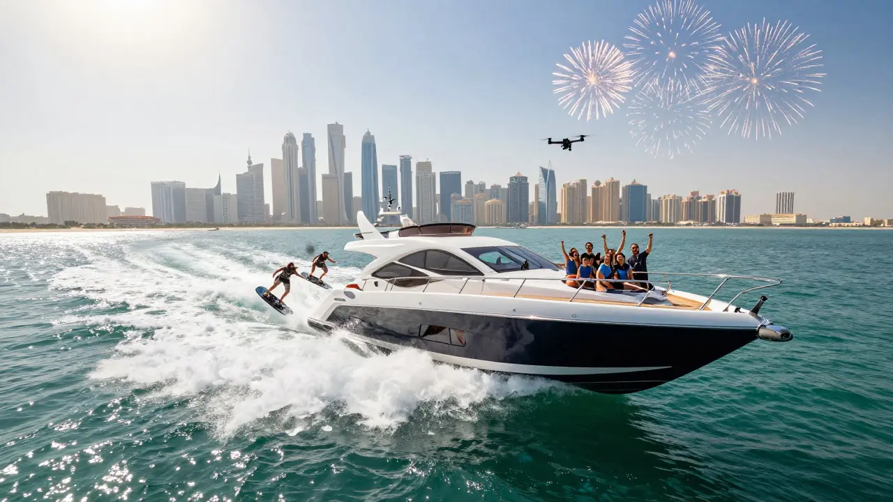 Thunder yacht speeding through waves with wakeboarders and fireworks over Dubai skyline, drone capturing group photo above deck.