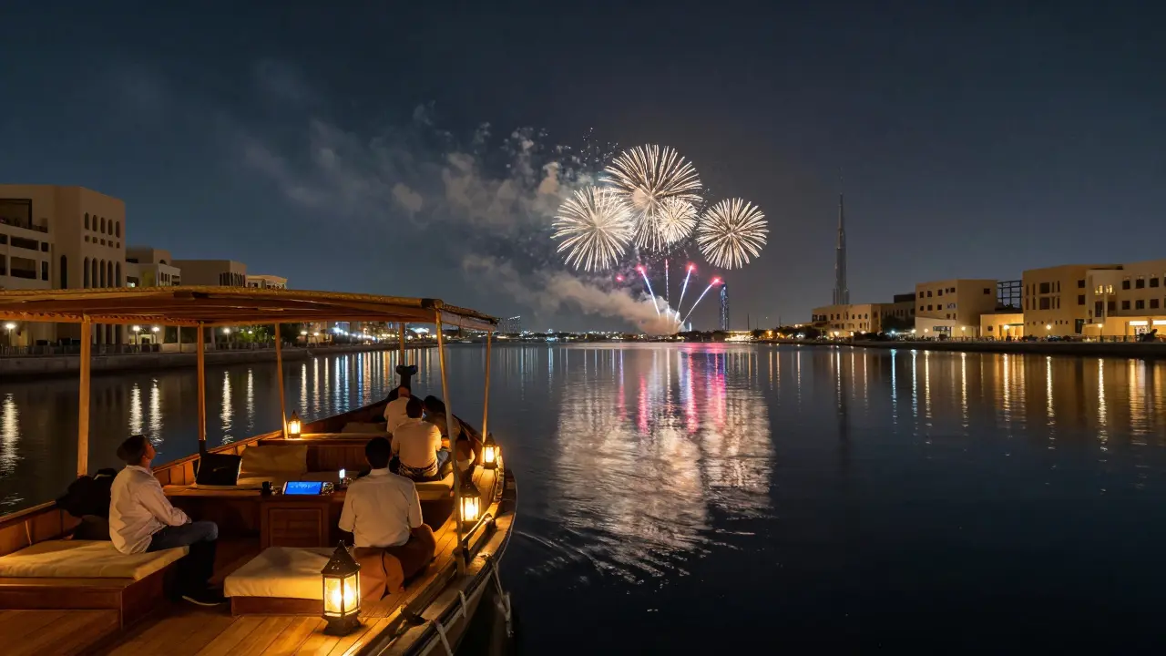 Traditional dhow boat on Dubai Creek with Burj Khalifa fireworks reflected in water.