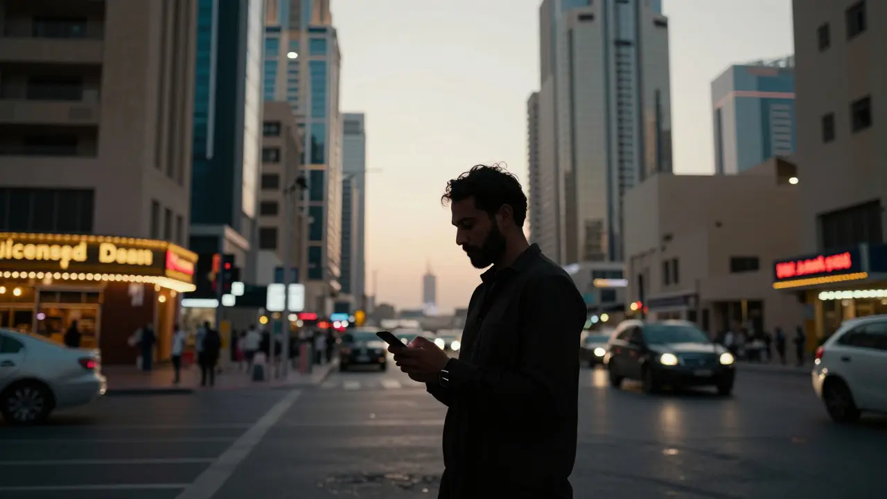 Traveler on Dubai street near licensed venue entrance