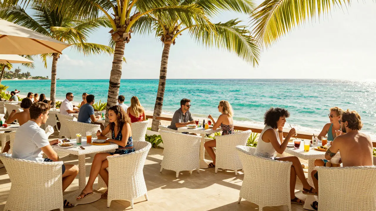 Travelers relaxing at a sunny beach club terrace with drinks and palm trees.
