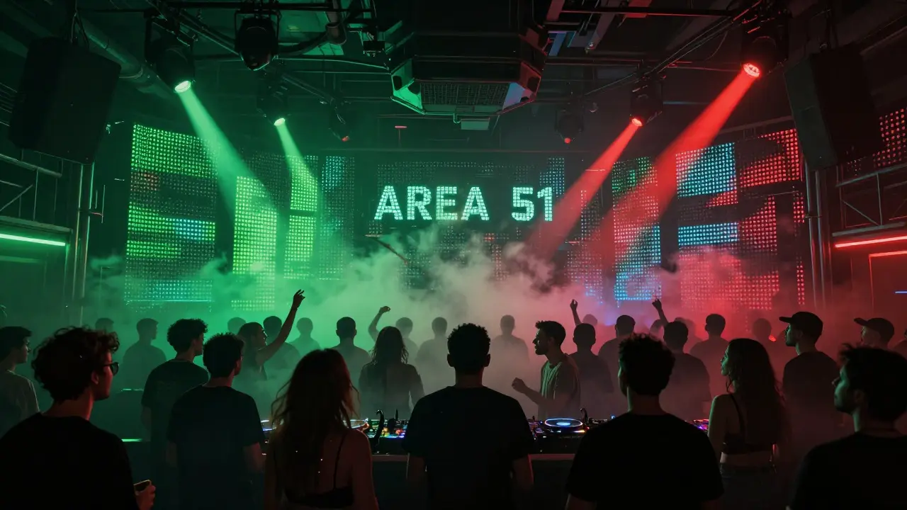 Underground techno club with fog, strobe lights, and a diverse crowd lost in the music.