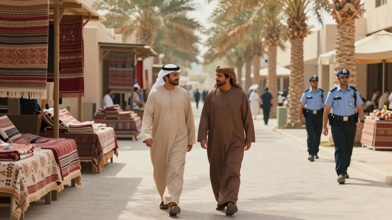 Visitors respecting dress code in traditional souk district
