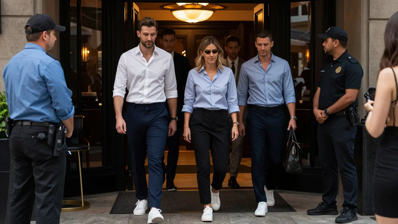 Well-dressed people standing near a club entrance with security staff.