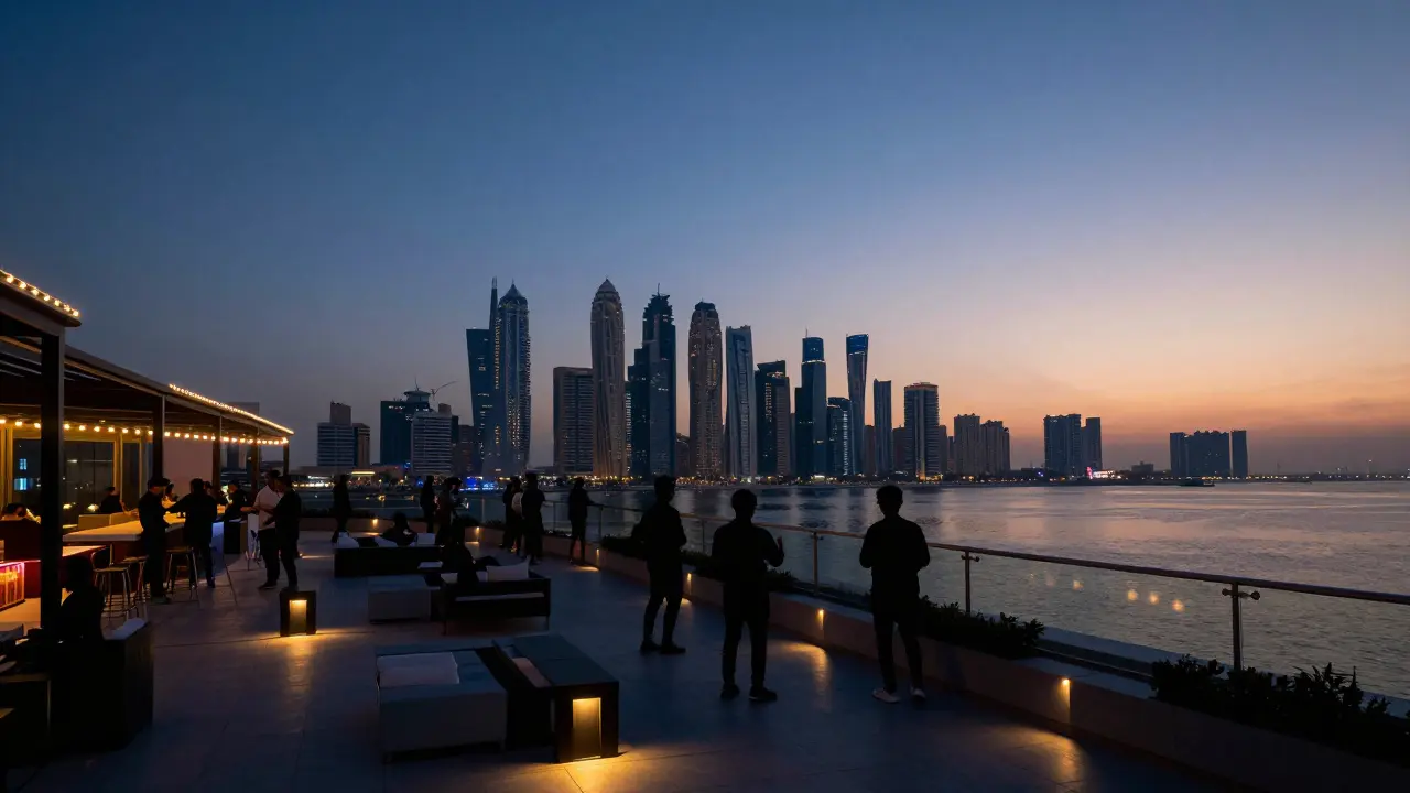 Rooftop terrace dance party at sunrise overlooking Dubai